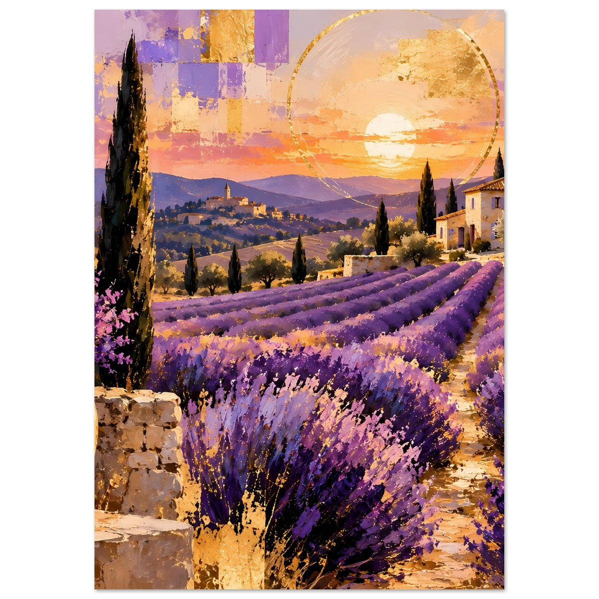 Poster mit Lavendelfeld und goldenem Sonnenuntergang, Zypressen und Häusern