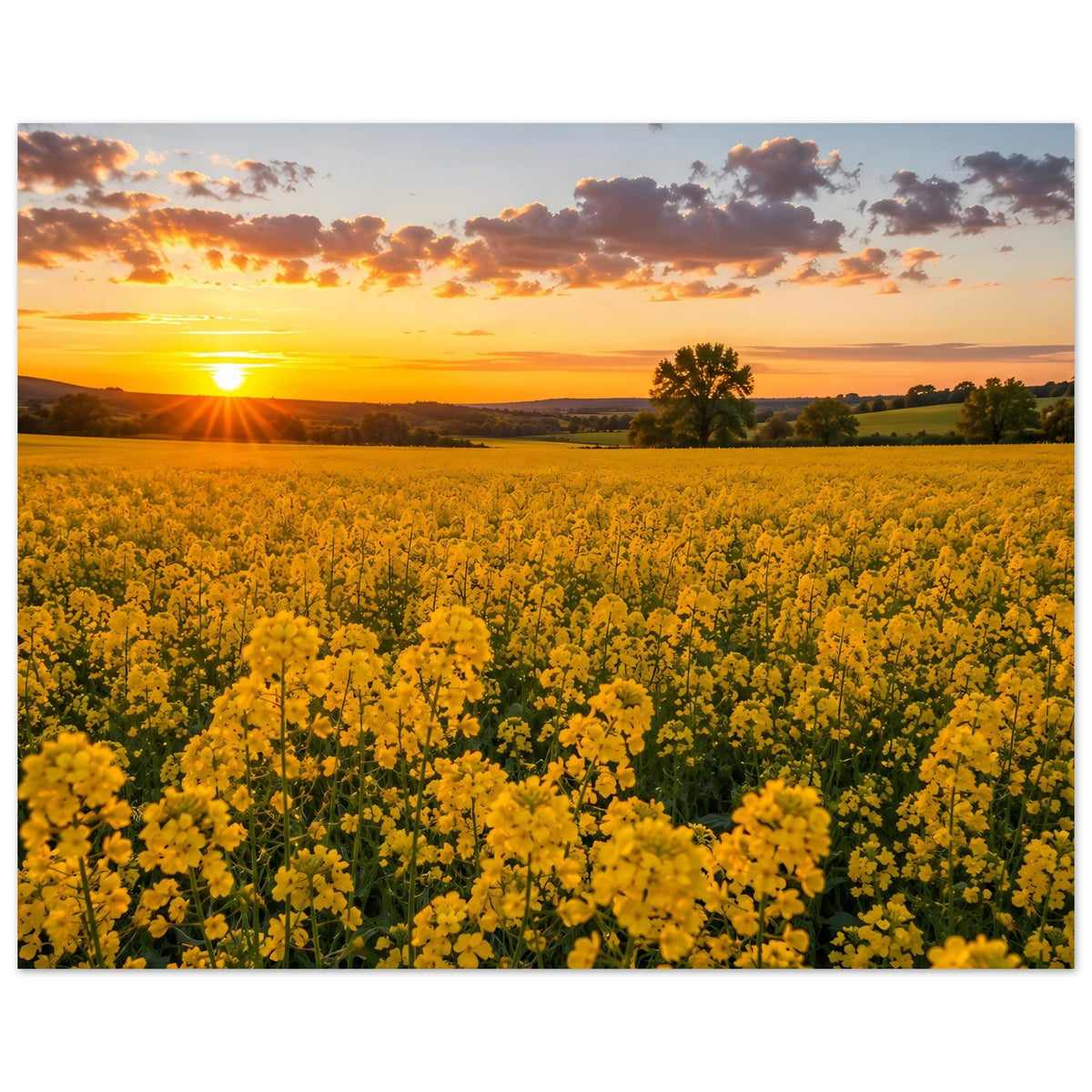 Landschaftsposter im Querformat mit gelbem Blütenfeld, Sonne links und Landschaft im Hintergrund
