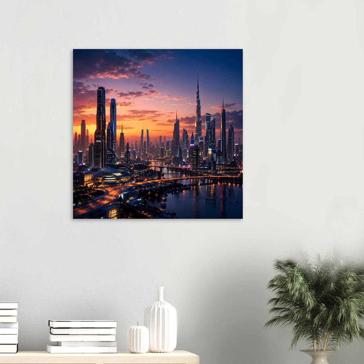 Quadratisches Poster mit Skyline bei Sonnenuntergang, goldenes Licht über Fluss und Hochhäusern.