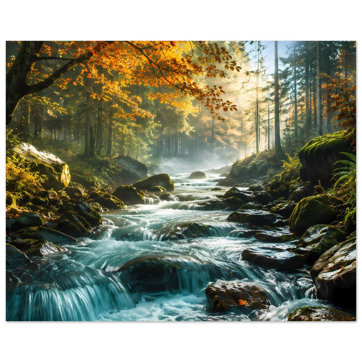 Querformat-Poster Wasserfall im Waldfluss, moosige Felsen und sanfter Dunst, matte Oberfläche