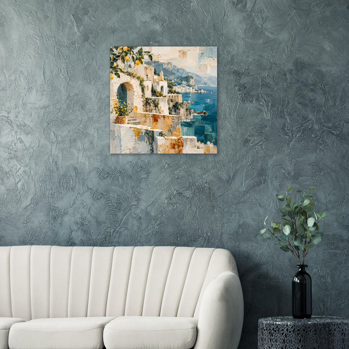 Kunstposter mit Blick auf die Küste in Ocker und Tiefblau
