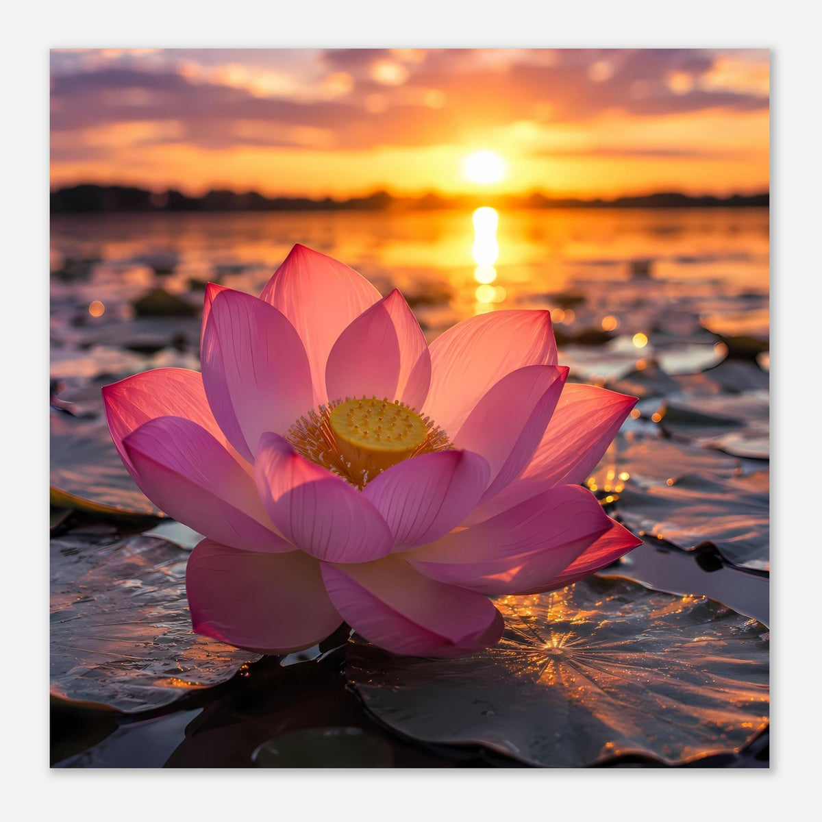 Quadratisches Poster: Lotusblüte in Rosa und Lila mit gelbem Blütenzentrum