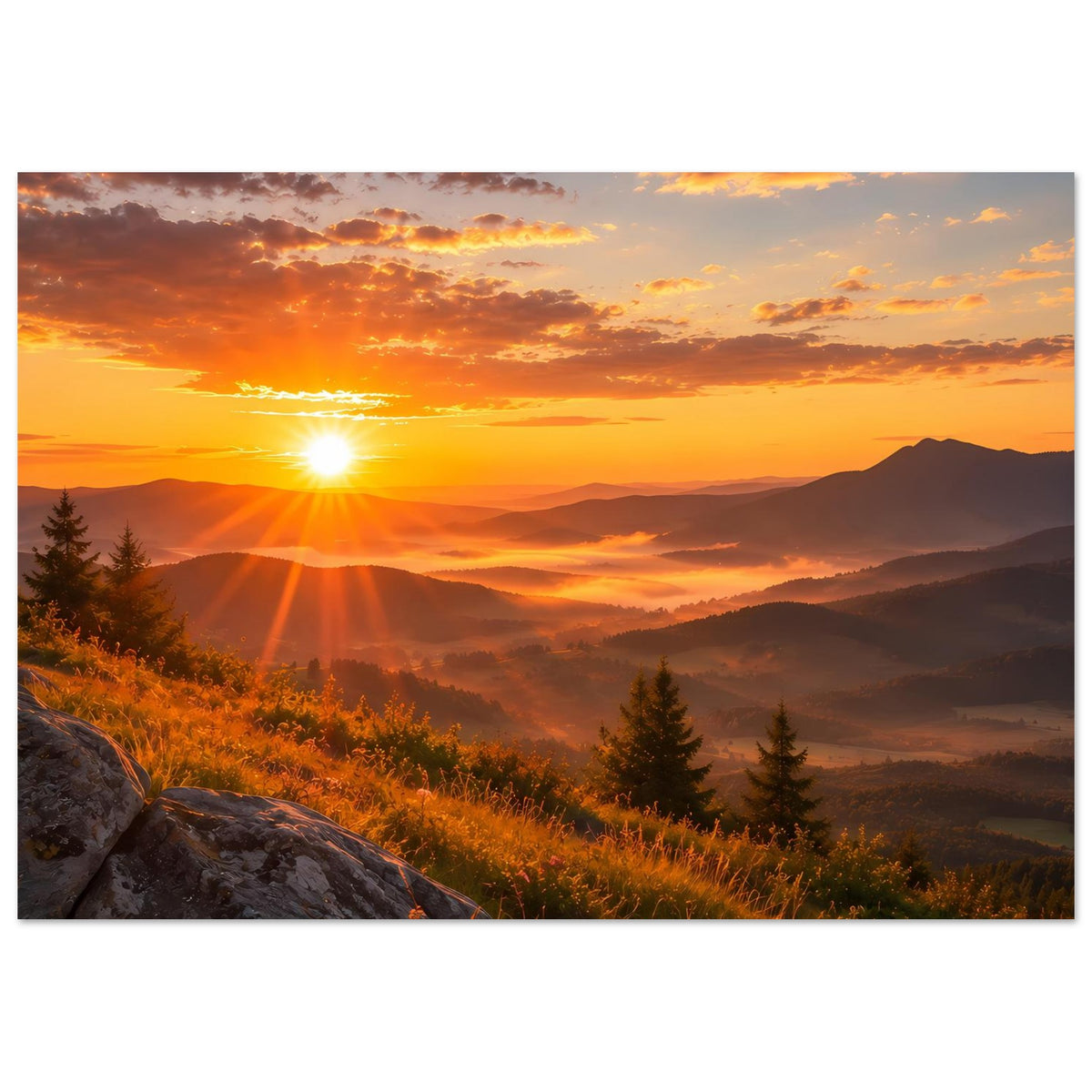 Landschaftsposter im Querformat mit Sonne im Himmel, Berge, Nebel und Tannen