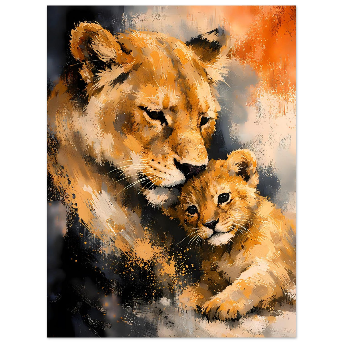 Wandposter mit Löwin und Jungtier, warmes Orange-Gelb, quadratisches Motiv im Rahmen