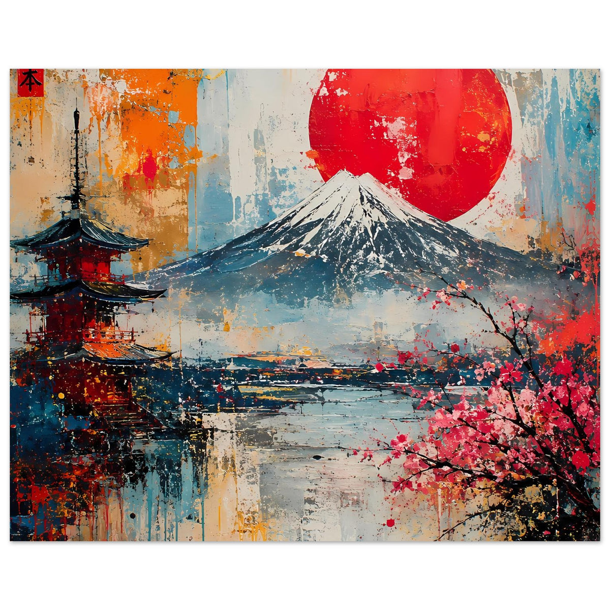 Japanisches Fuji-Kirschblüten-Poster (breit) mit roter Sonne, Fuji-Berg und rosa Kirschblüten