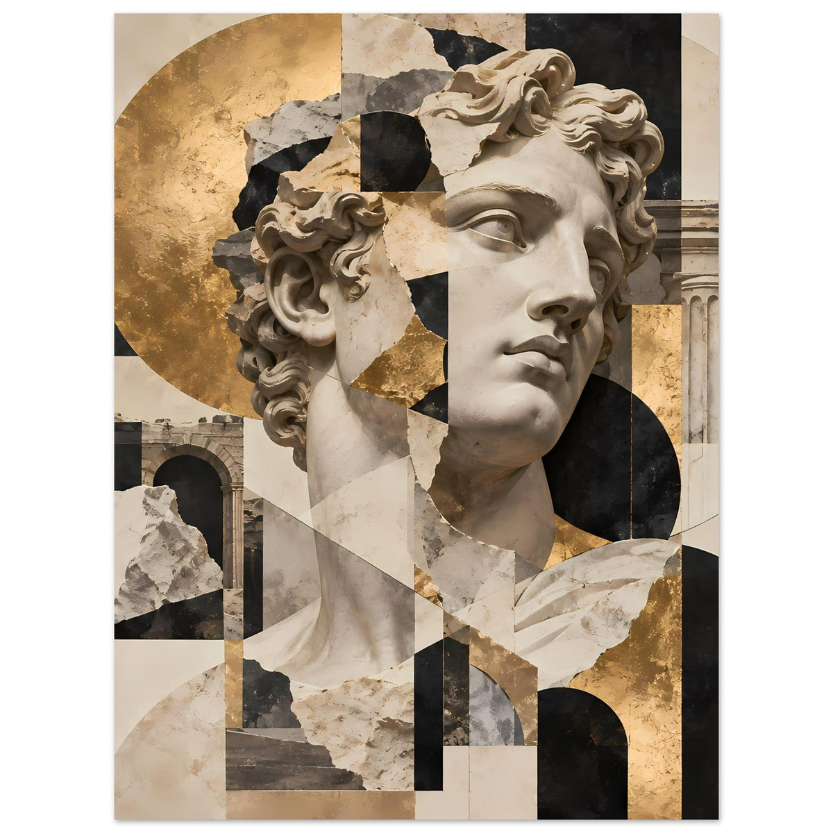 Kunstposter mit antikem Kopfprofil, klarer Blick auf Gesicht und Haare, Beige, Schwarz, Gold