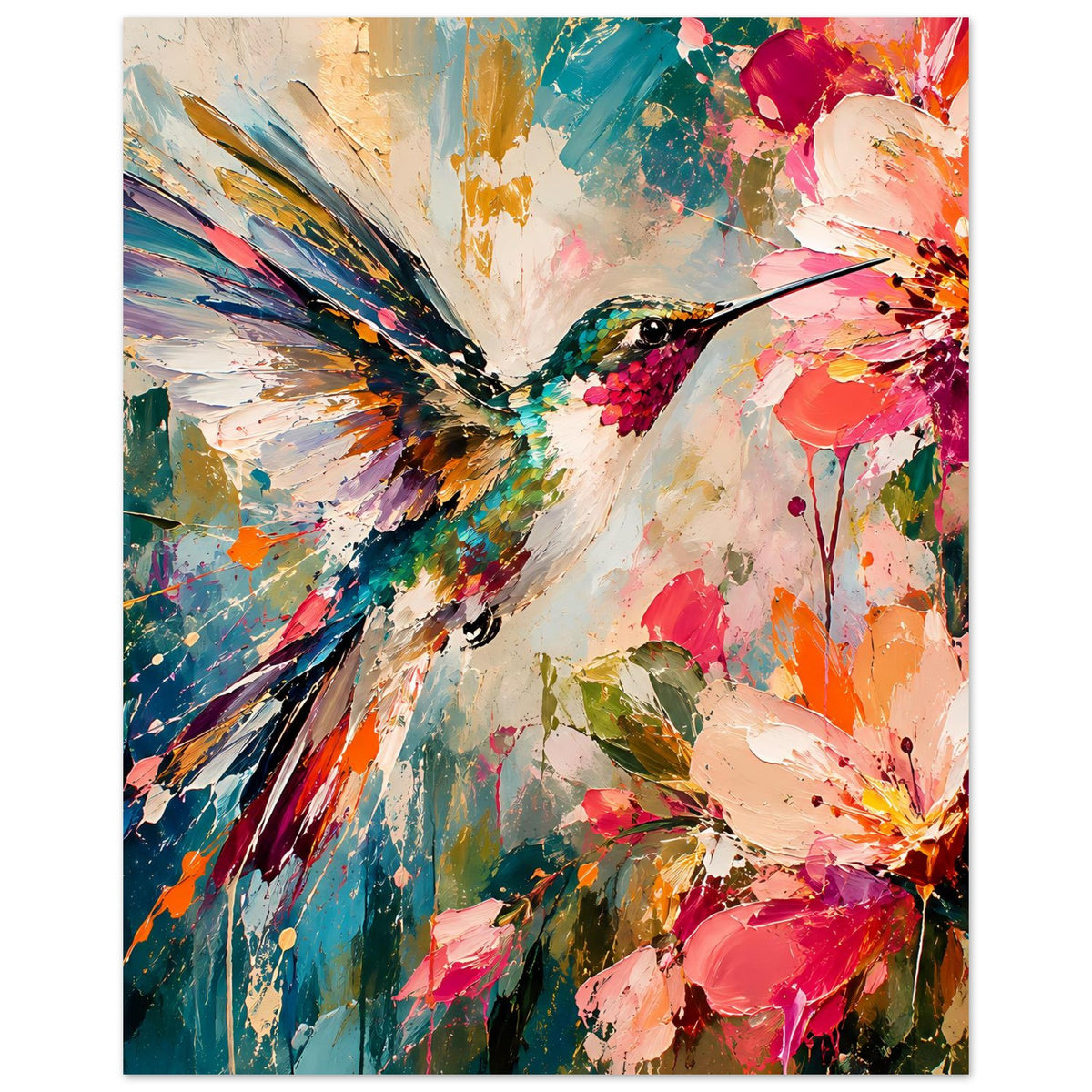 Kolibri-und-Blumen-Kunstdruck im Hochformat, kräftige Farbmischung mit Kolibri im Fokus