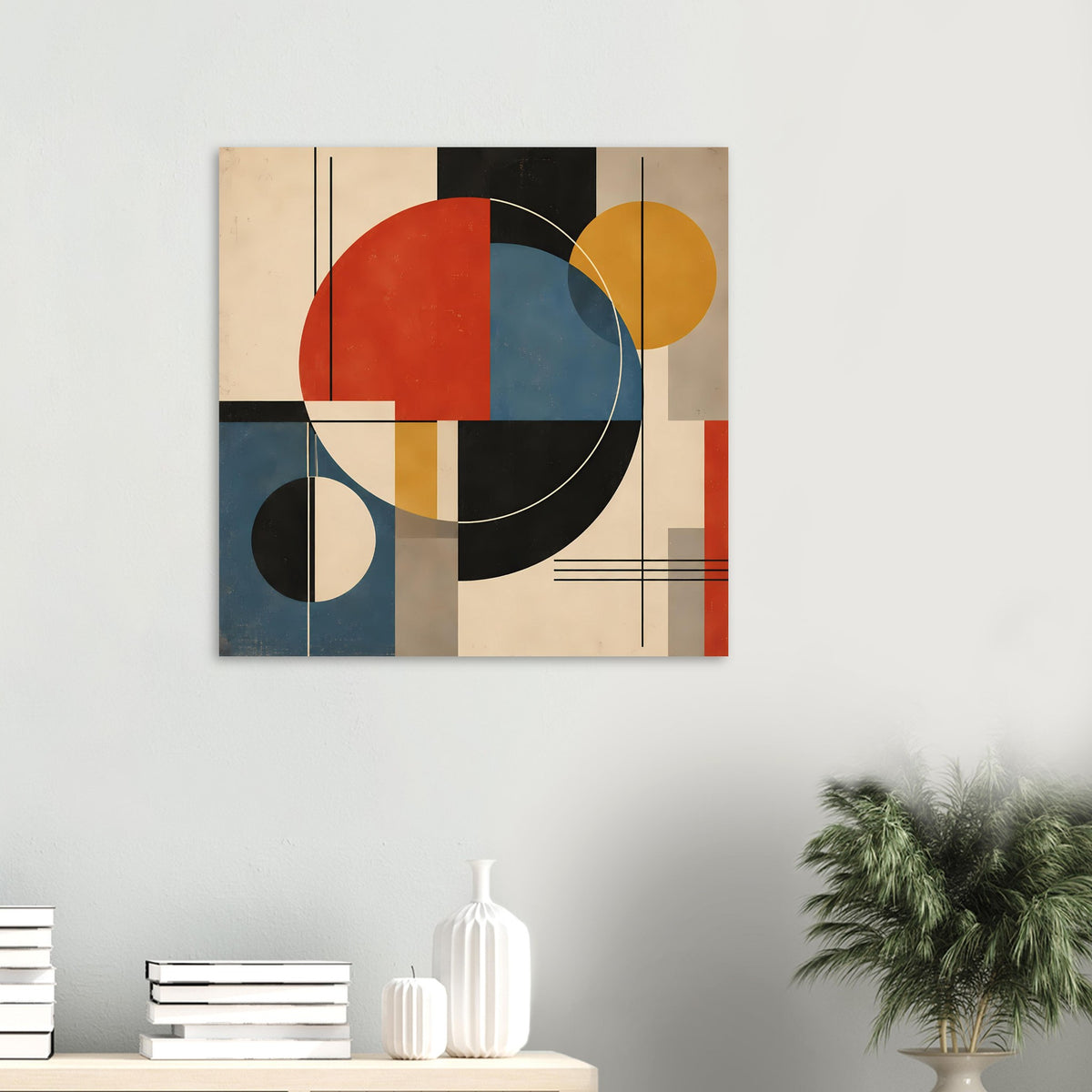 Geometrisches Poster mit überlappenden Kreisen, Rechtecken und Linien in Rot, Blau, Gelb und Schwarz.