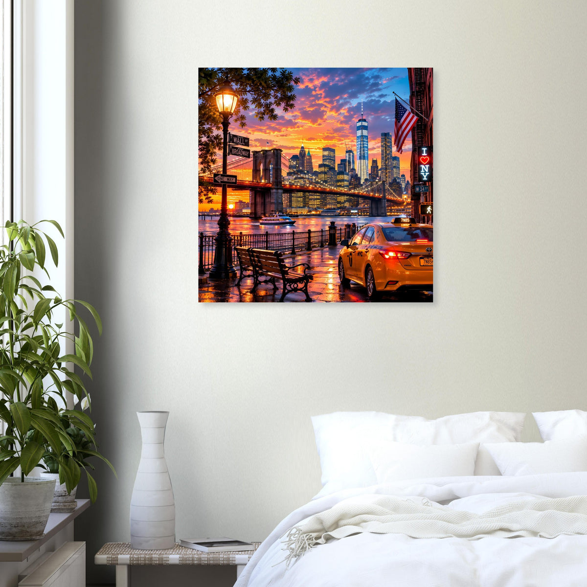 Wandposter mit New-York-City-Skyline und Brücke im Abendhimmel, leuchtende Wolkenkratzer