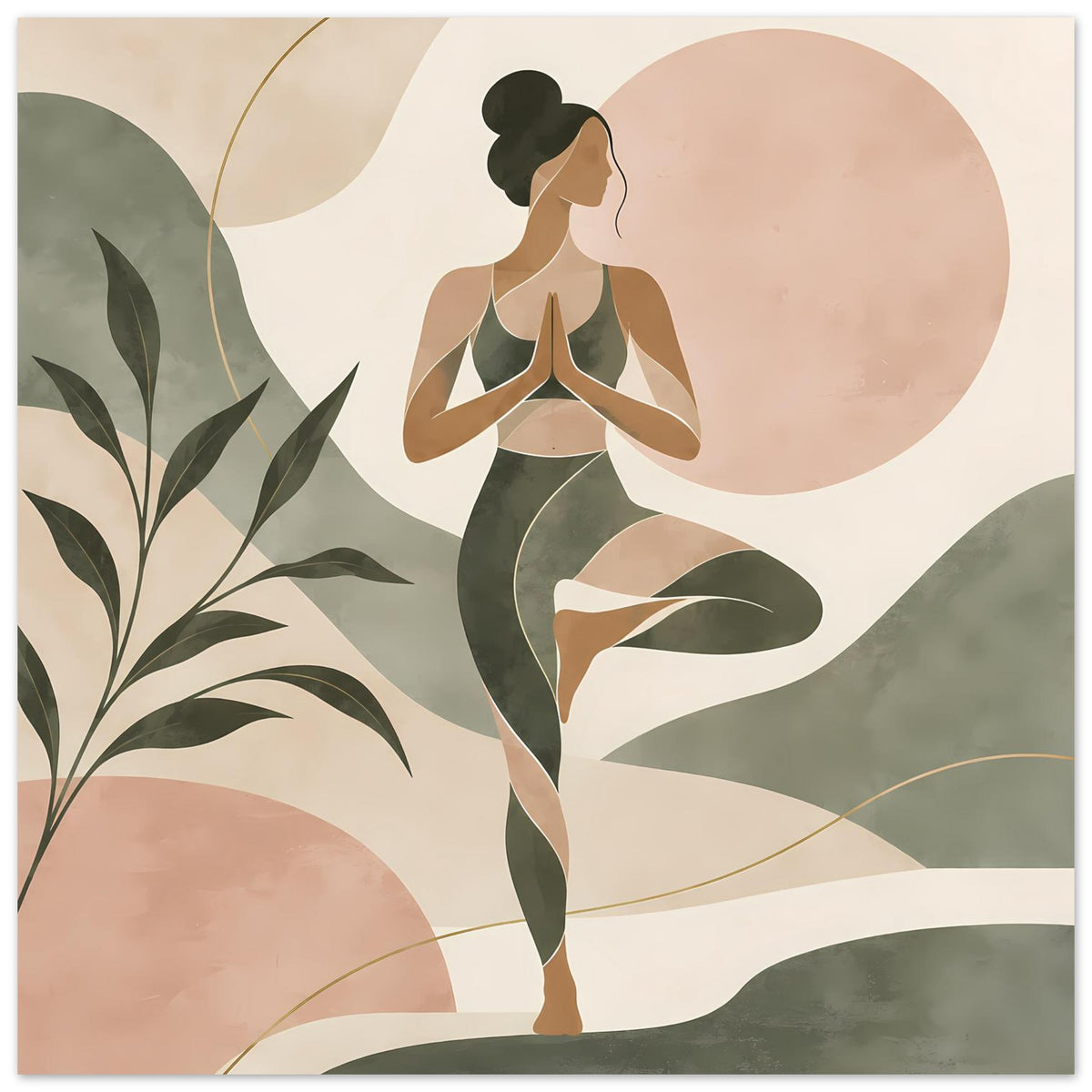 Zen-Balance-Poster mit abstrakter Yogafrau in Salbeigrün und Rosé