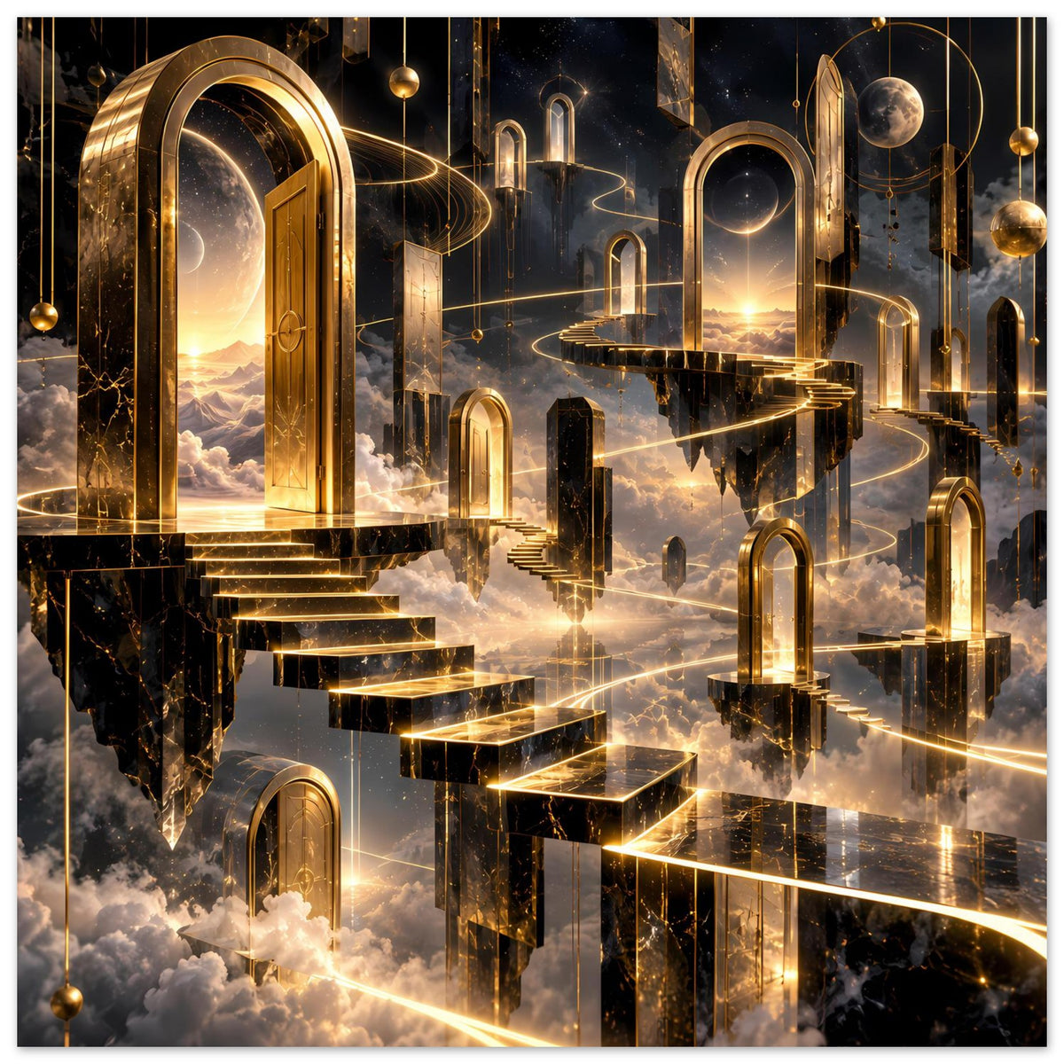 Poster mit goldschwarzem Fantasy-Architekturmotiv, leuchtende Wege über Wolken und Säulen