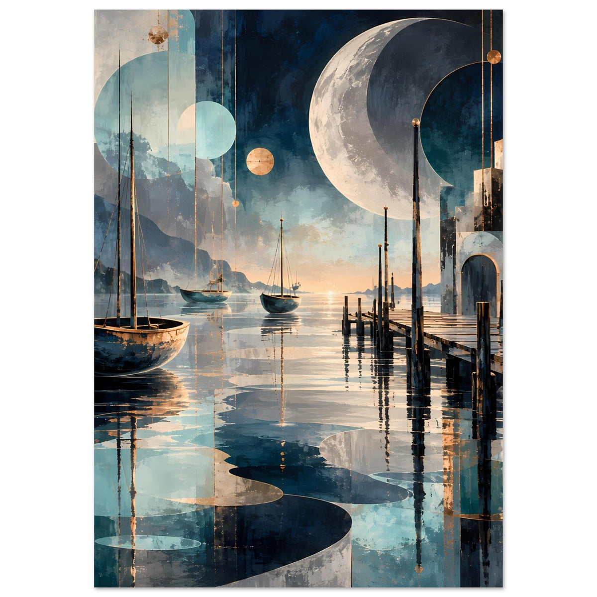 Vertikales Poster mit Mond, dunklem Segelboot links, Steg rechts und Spiegelungen im Wasser