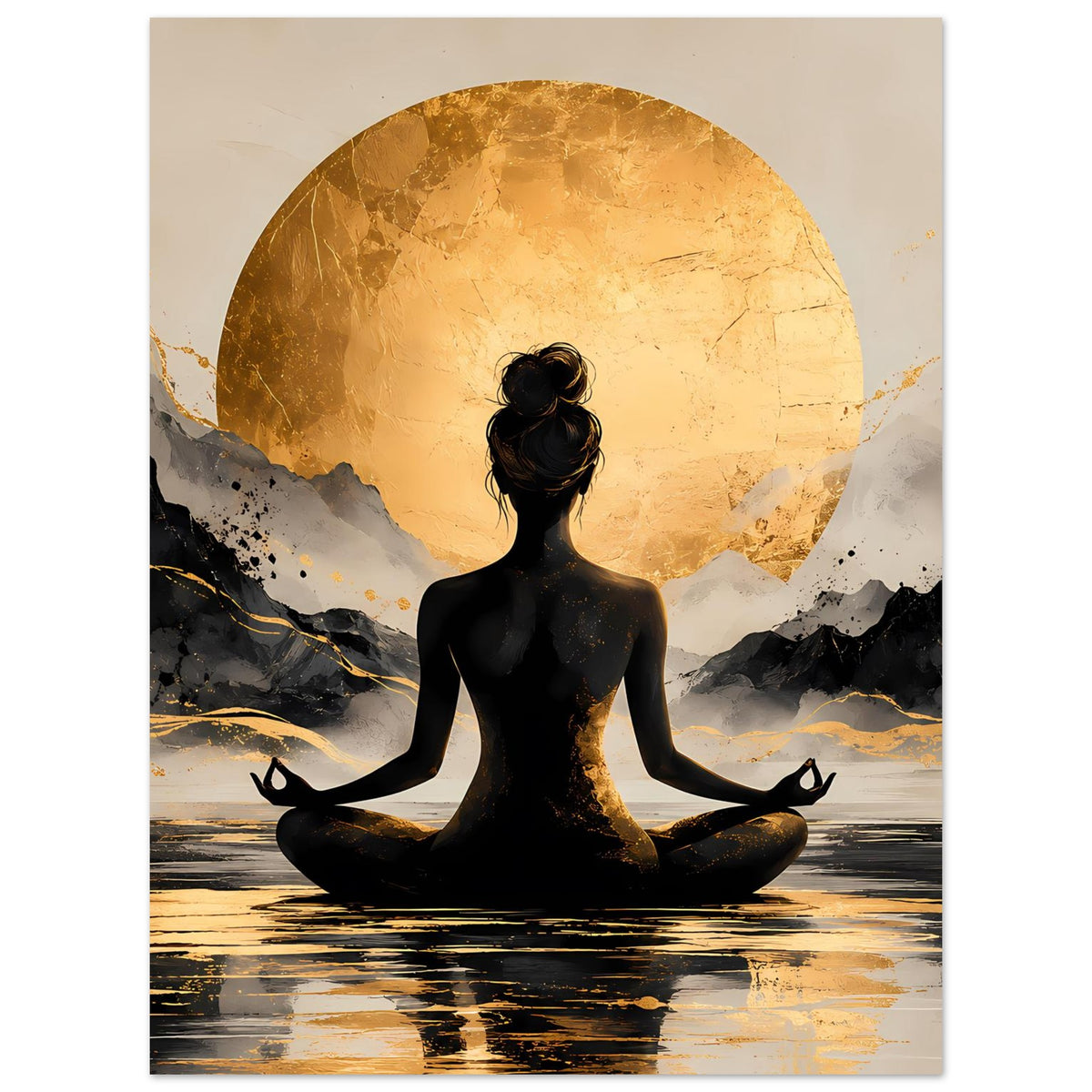 Meditatives Poster mit Meditationssilhouette, goldenem Sonnenkreis und dunklen Gebirgen