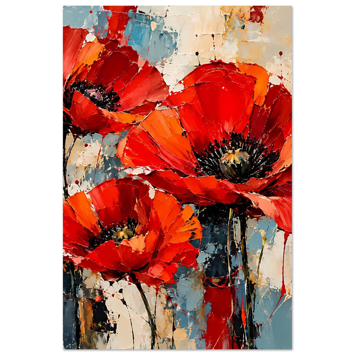 Abstraktes Poster mit roten Mohnblumen und Farbspritzern, rechteckig, gerahmter Druck