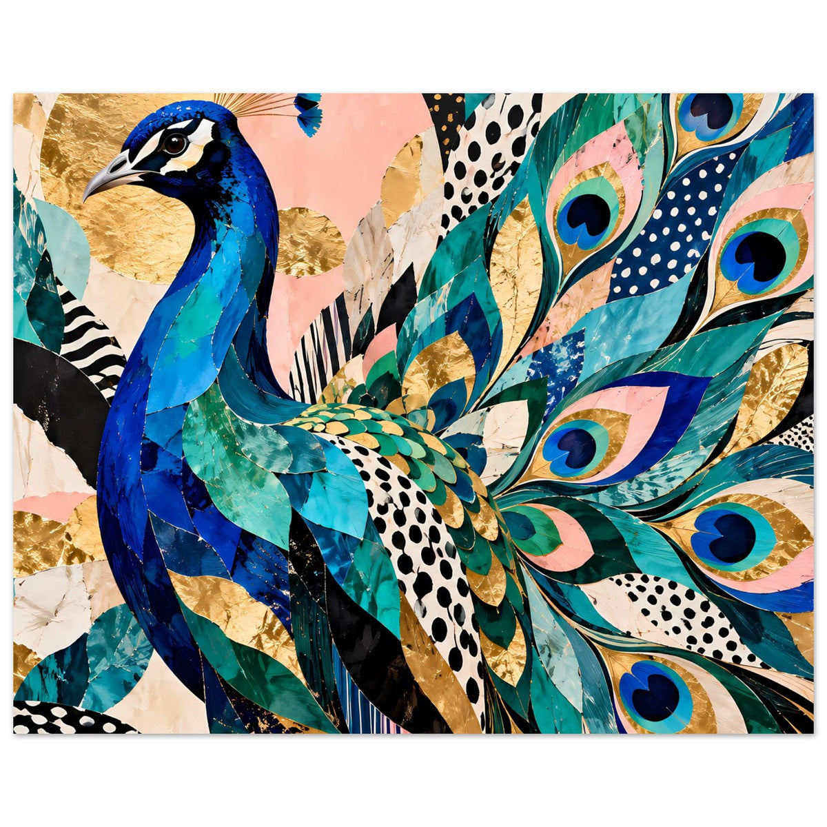 Pfau-Kunstposter im Querformat mit blauem Flügel, grünen Tupfen und goldenen Stellen