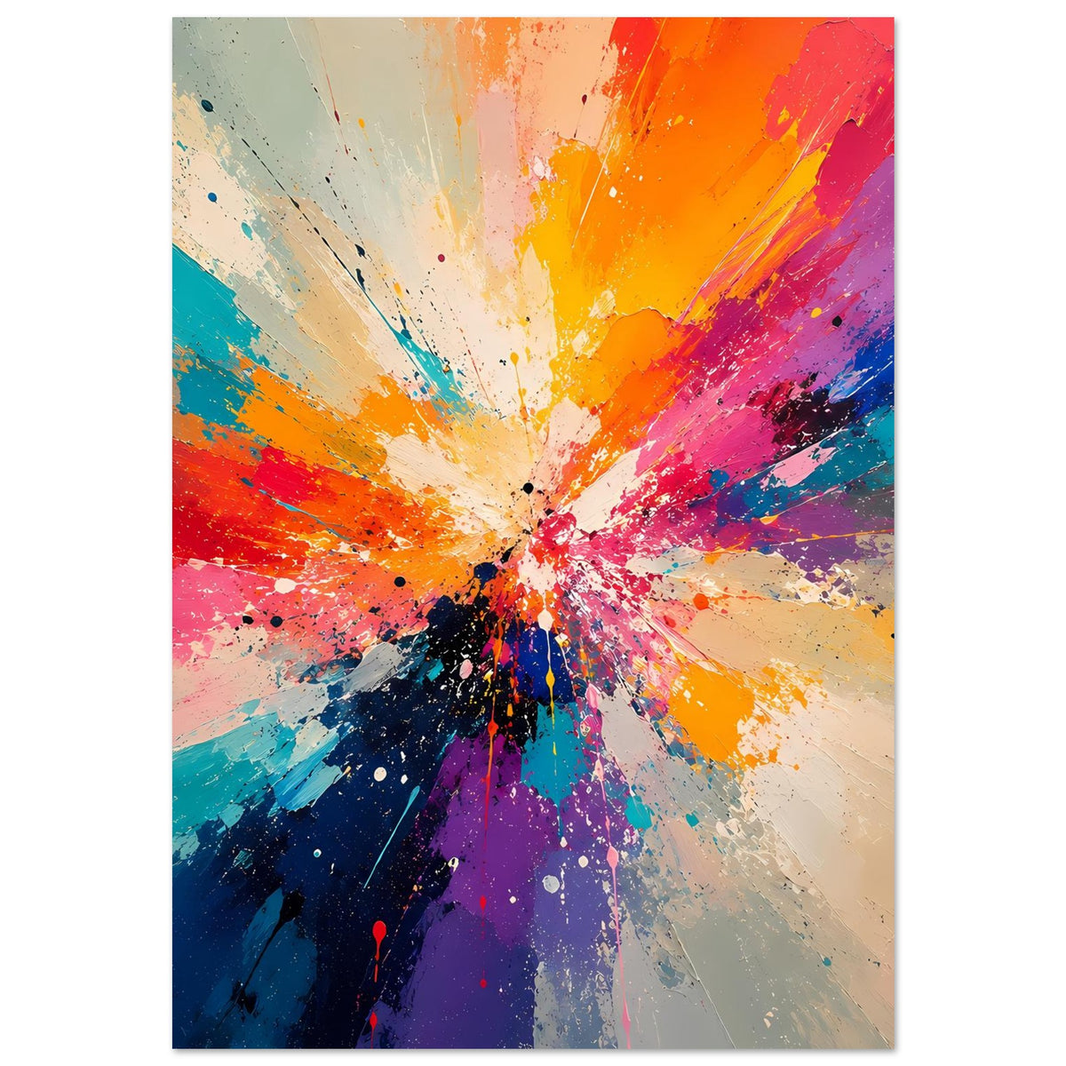 Abstraktes Kunstposter mit Explosion-Abstract in Blau, Orange, Pink, vertikal