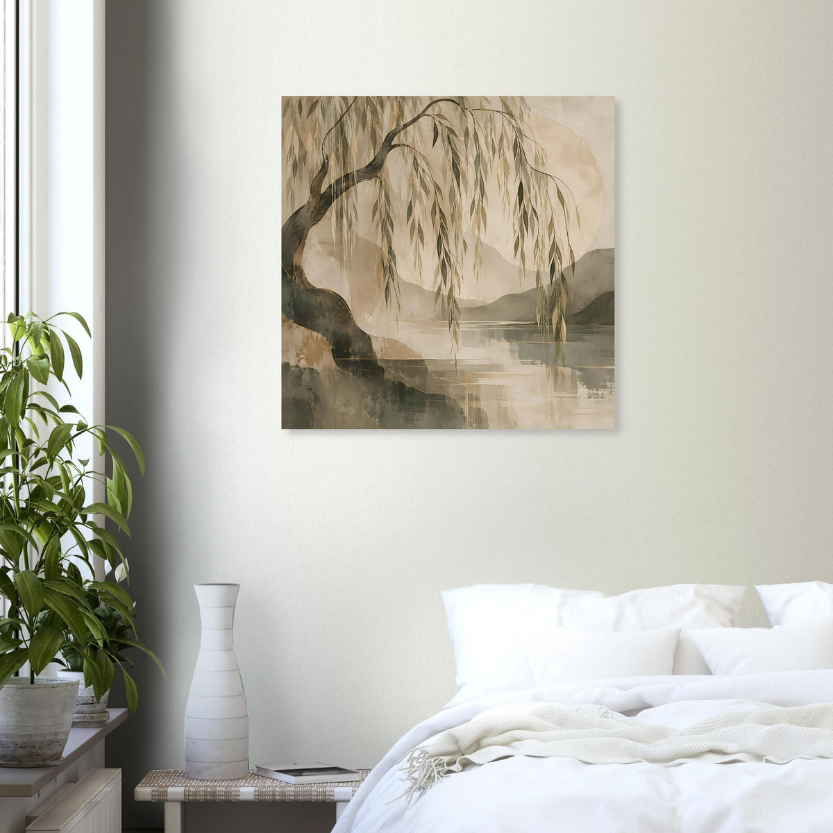 Quadratisches Poster mit Weidenbaum am Ufer, abstrakte Landschaft in Natur- und Grautönen