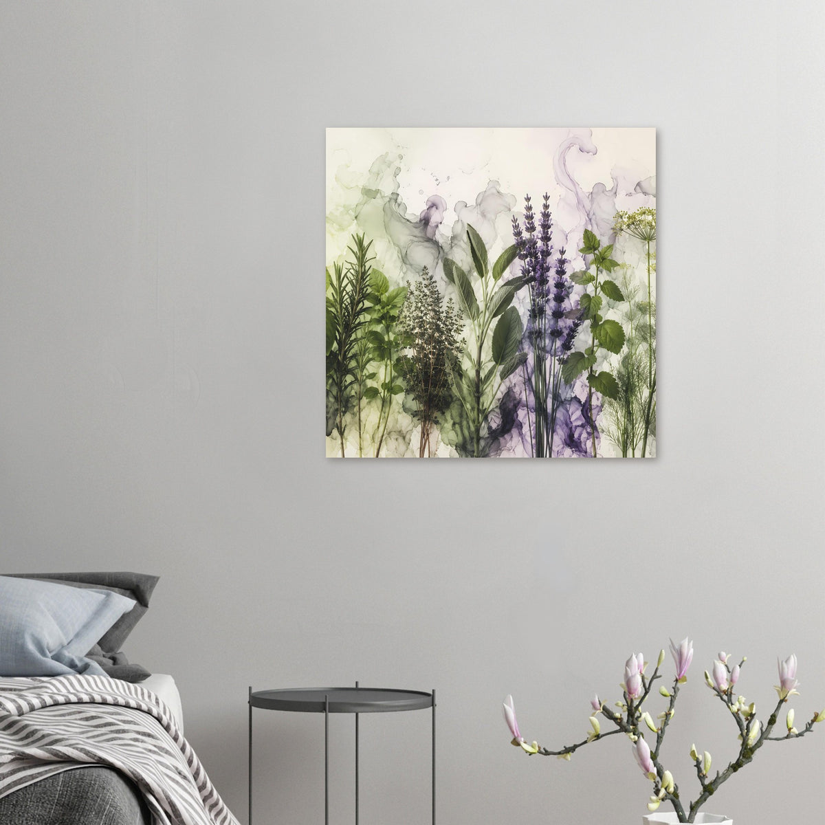 Gerahmtes botanisches Poster im Hochformat mit Lavendel und verschiedenem Blattwerk