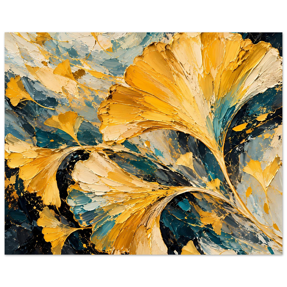 Horizontales Poster mit abstrakten Ginkgo-Blättern, goldene Pinselstriche und blaue Tupfer