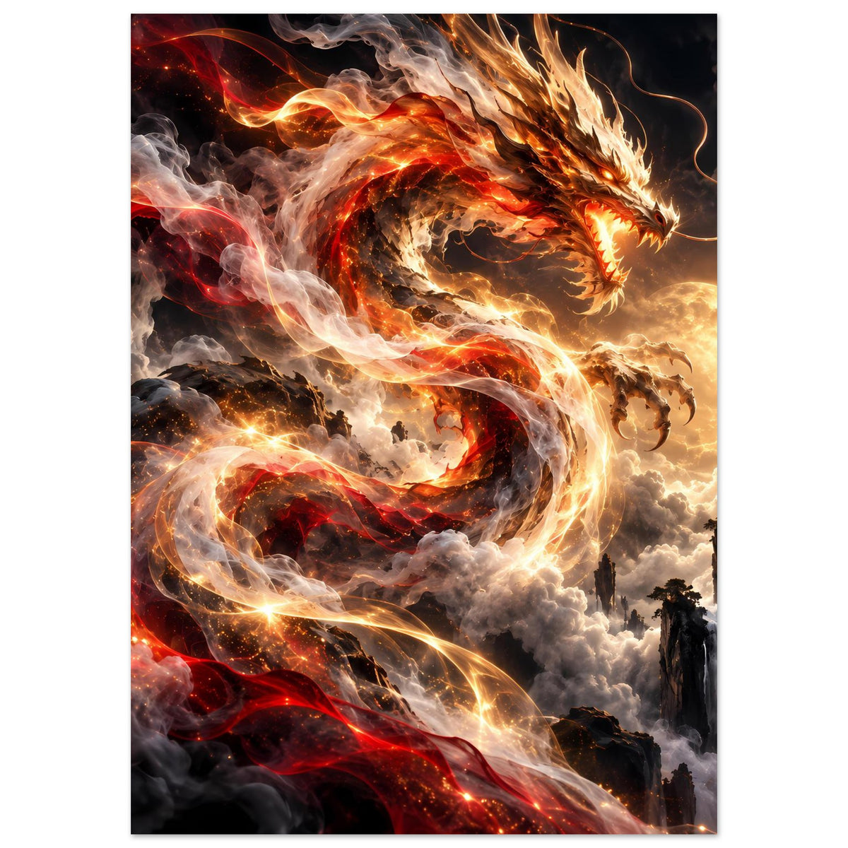 Vertikales Fantasy-Poster: feuerspeiender Drache mit roter und goldener Feuerwirbelspirale