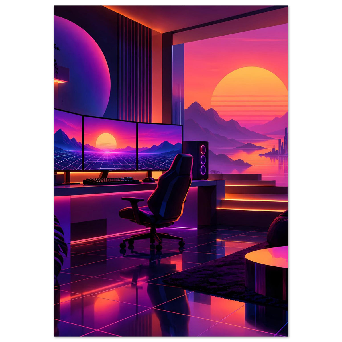 Neon-Retro-Poster, vertikal: Neon-Sonnenuntergang, Sitzecke und spiegelnder Boden