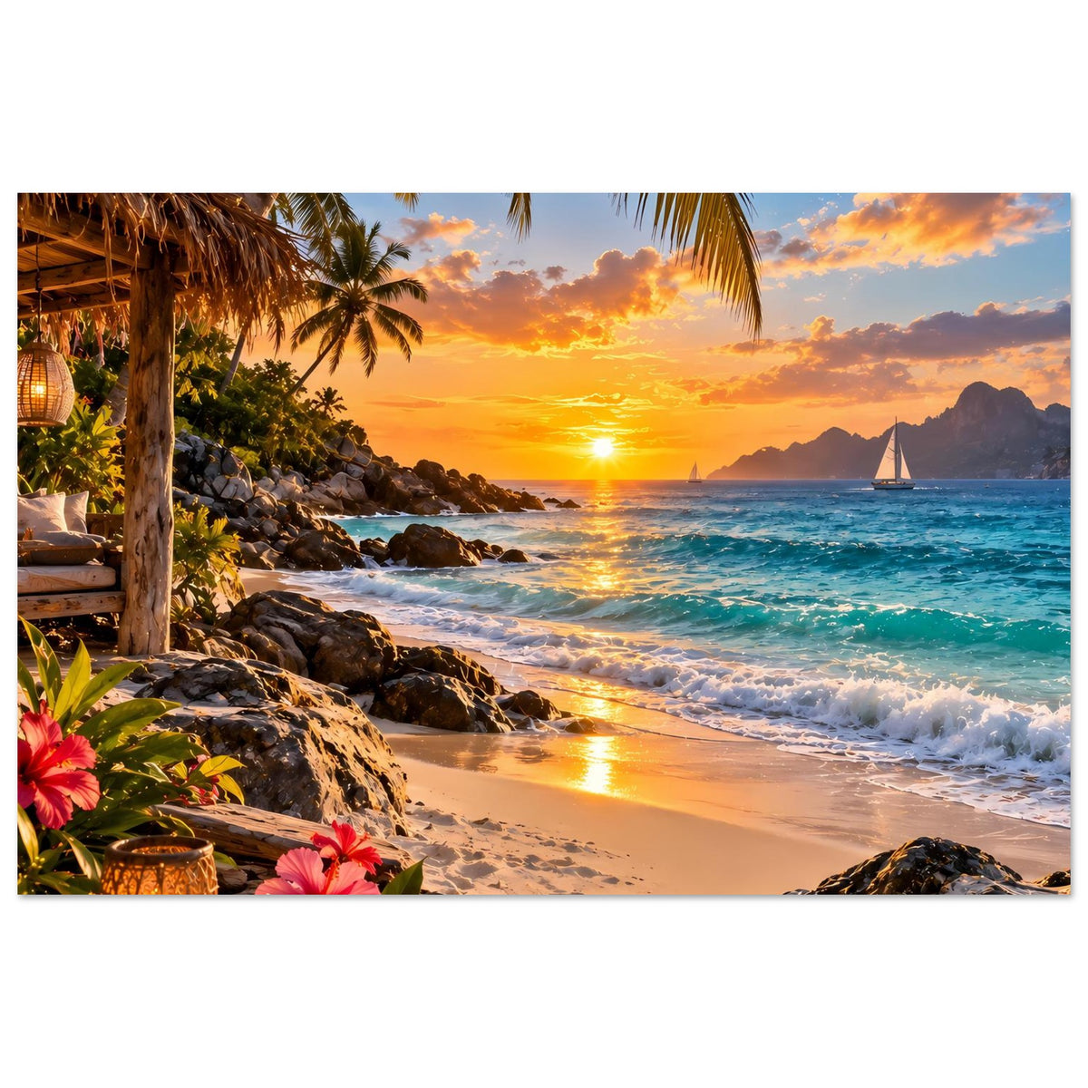 Poster tropischer Strand Sonnenuntergang im Querformat: Palmen, Meer und Berge im Hintergrund