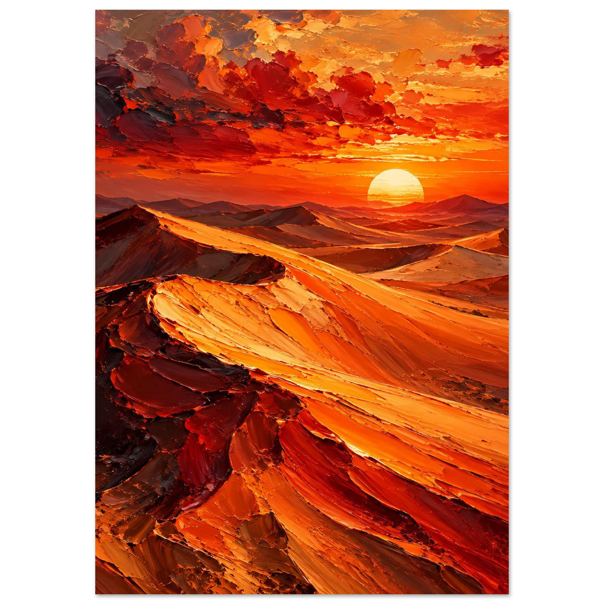 Vertikales Poster: Wüstenlandschaft, dunkle Berge und orangefarbene Lichtstreifen