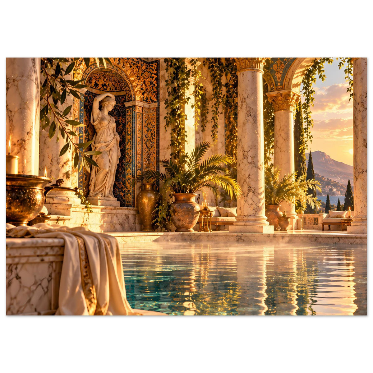 Pool-Poster mit Sandstein-Sockel, Figurennische, Säulen und spiegelnder Wasserfläche