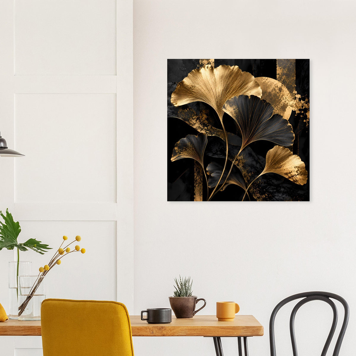 Quadratisches Poster im botanischen Design mit gold- schwarzen Blättern