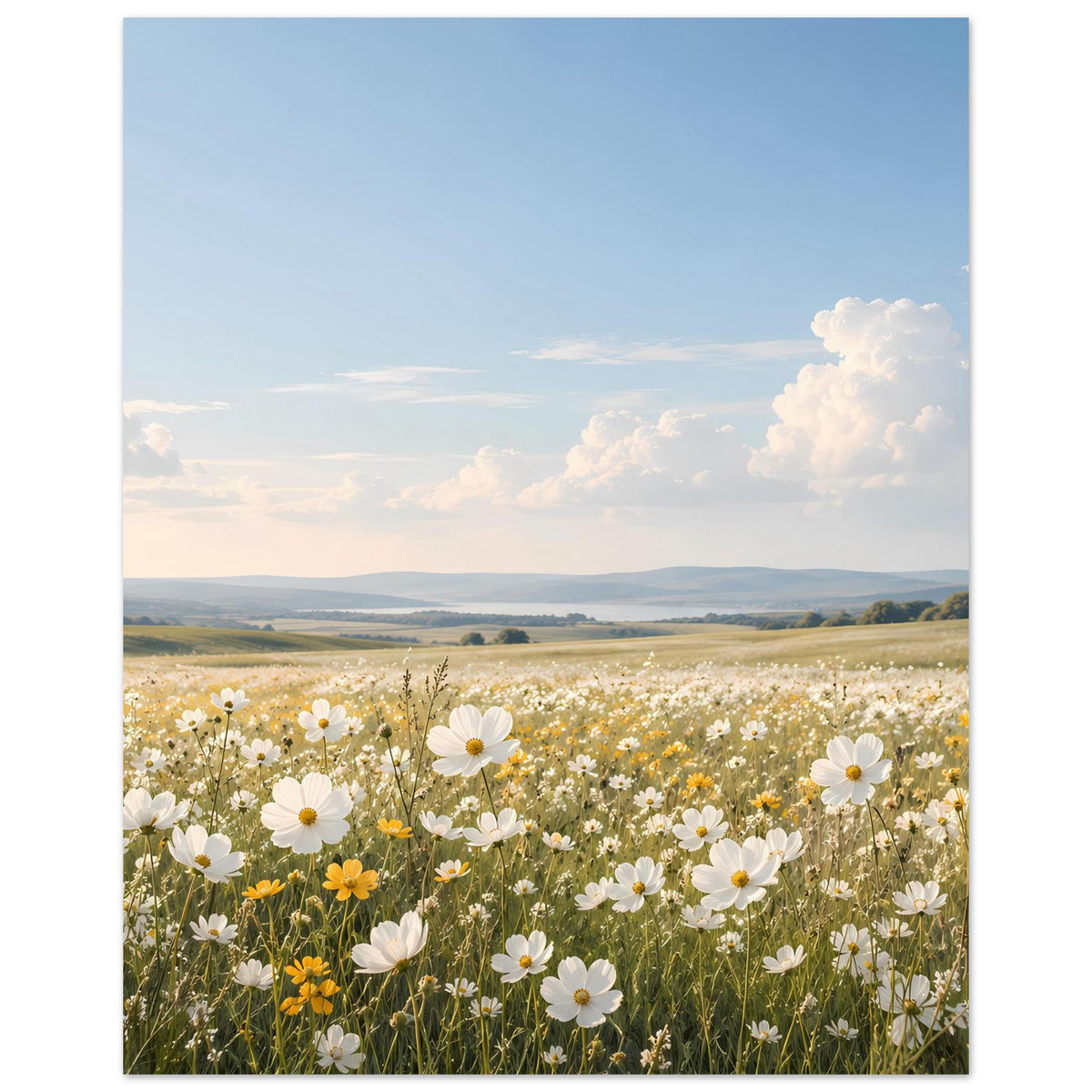Wandposter (hochkant) mit weißen Margeriten und gelben Blüten in einer Blumenwiese