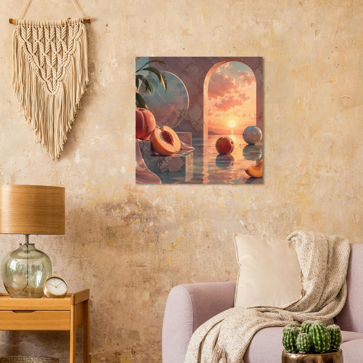 Gerahmtes Poster mit surrealen Pfirsichfrüchten, Rundbogen und spiegelndem Wasser bei Sonne