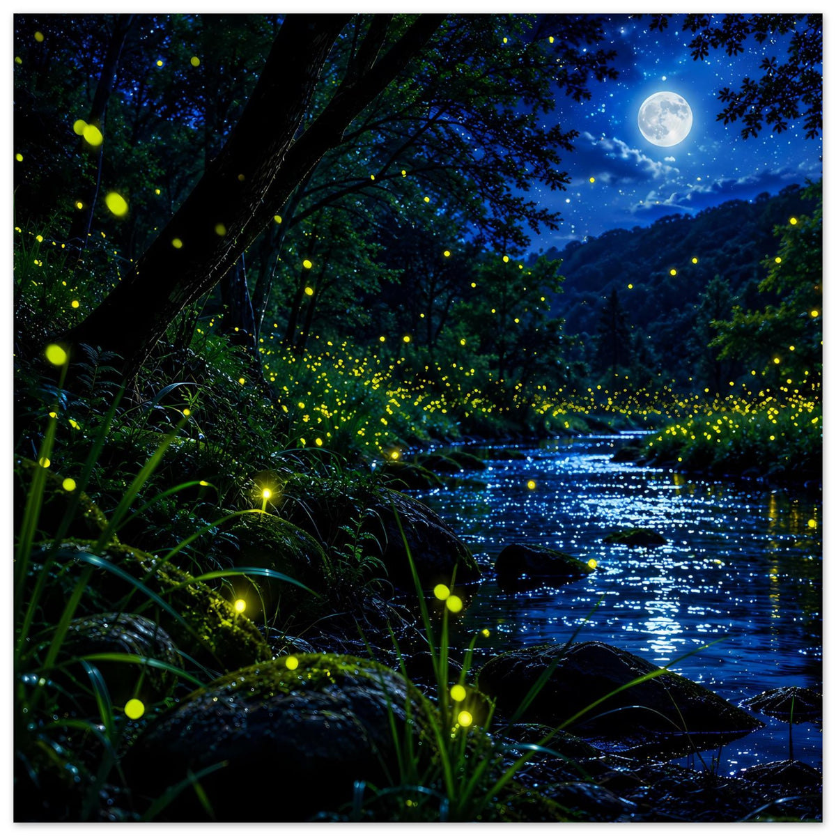 Nachtwald-Poster mit leuchtenden Glühwürmchen, Fluss und Bäumen im Mondlicht