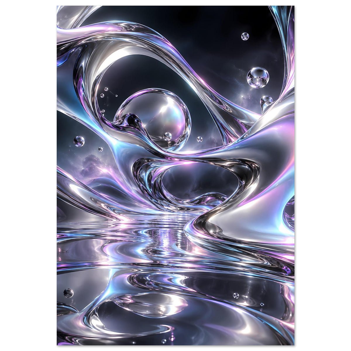 Poster mit gewellten Chromrinnen, violetten Glanzkanten und einzelnen Bläschen