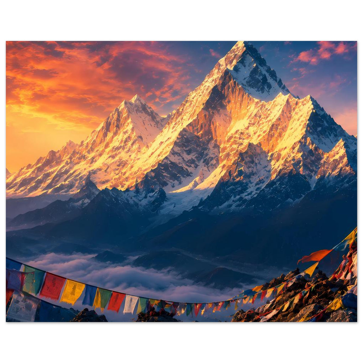 Horizontales Poster mit Bergmassiv bei Sonnenaufgang, Wimpelgirlande am unteren Bildrand.