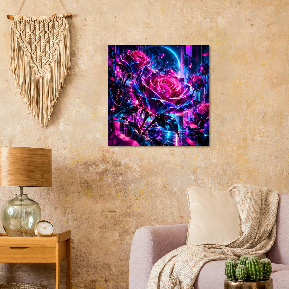 Quadratisches Kunstposter mit Neonrosen-Motiv in Pink und Blau, abstrakte Lichtstreifen