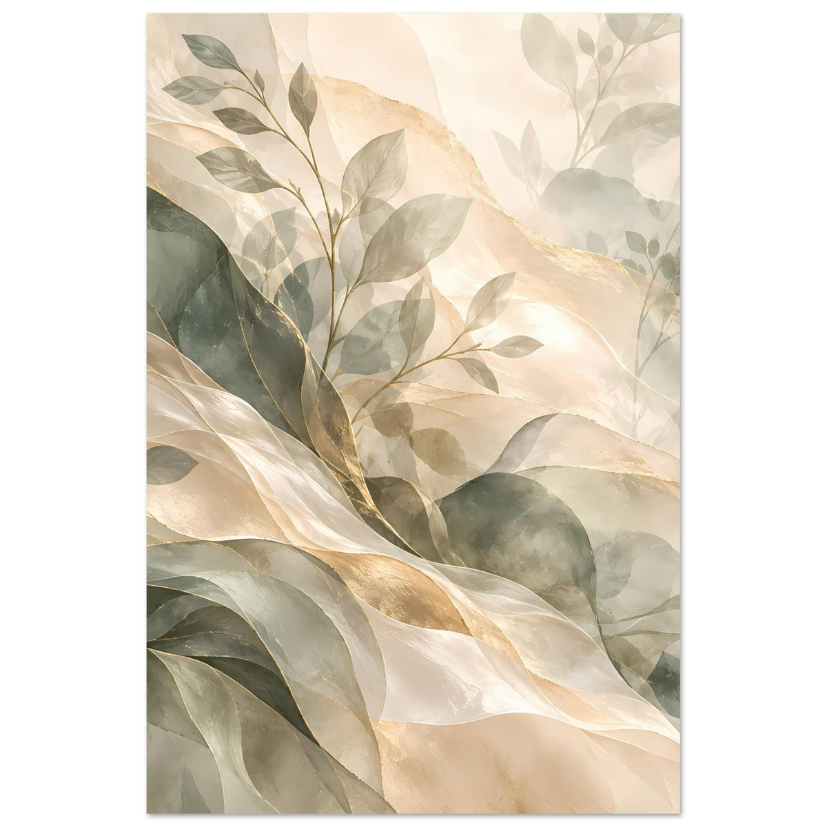 Botanisches Kunstposter mit Pflanzenblättern, gedämpfte Grüntöne und cremefarbener Farbfläche
