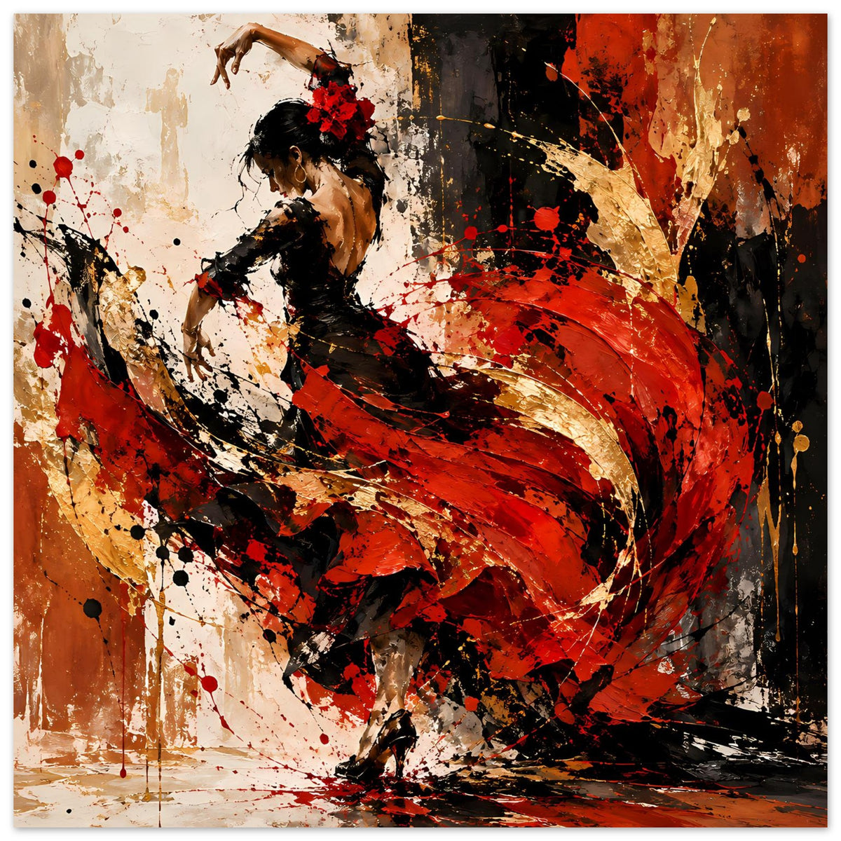 Poster mit abstrakter Flamenco-Tänzerin, markante Rot- und Schwarzmotive mit goldenen Linien