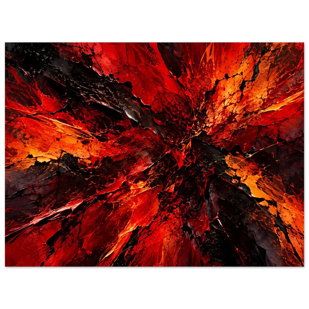Abstraktes Kunstposter mit kräftigen Strahlen in Rot und Orange über Schwarz, horizontal