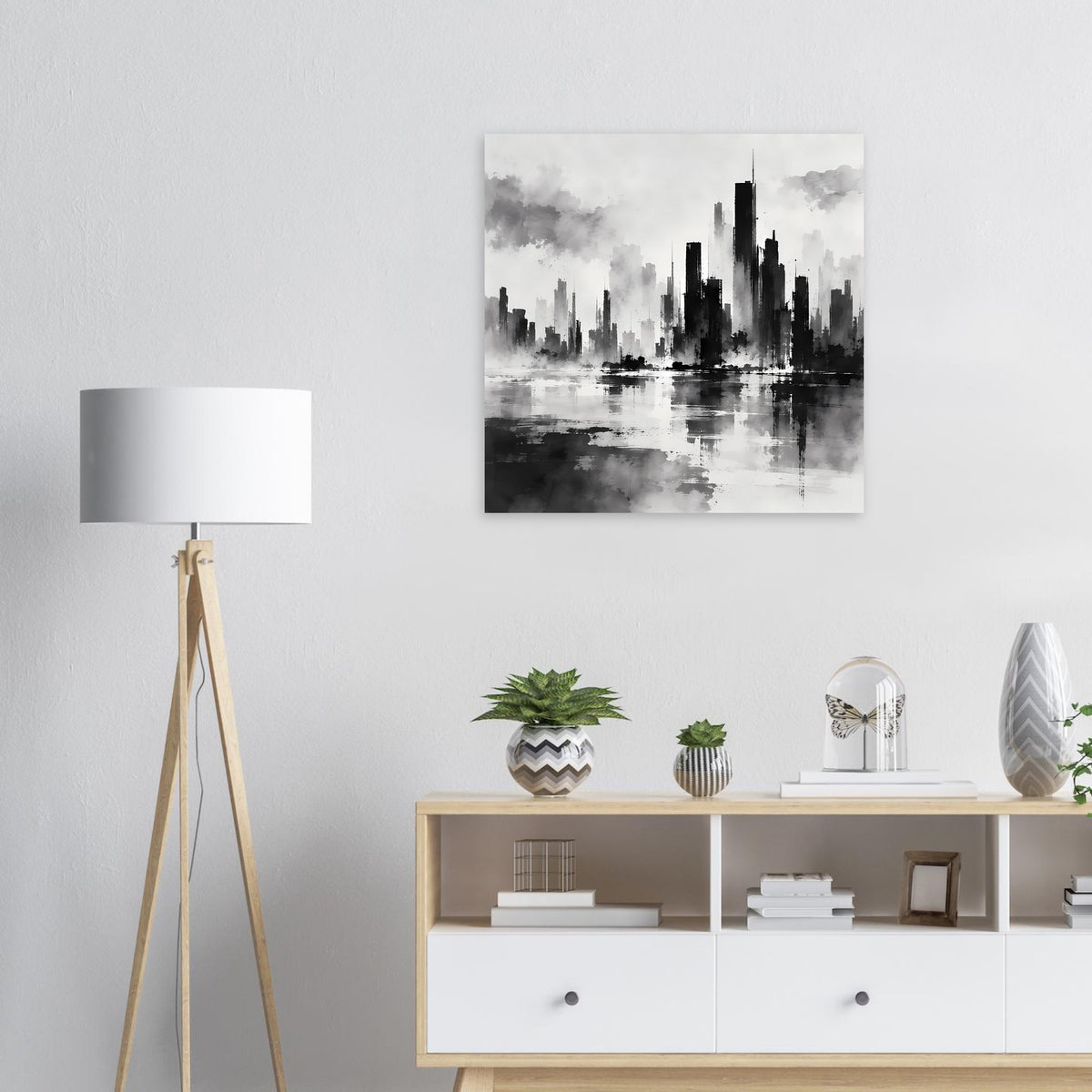 Schwarzweiß-Poster mit Stadtsilhouette und Spiegelung, quadratisches Bild im Rahmen