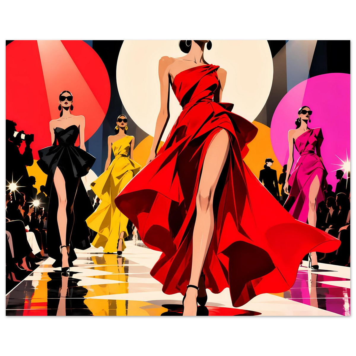 Pop-Art-Fashionposter mit rotem Kleid und wehenden Volants, Damen in Schwarz und Gelb im Hintergrund