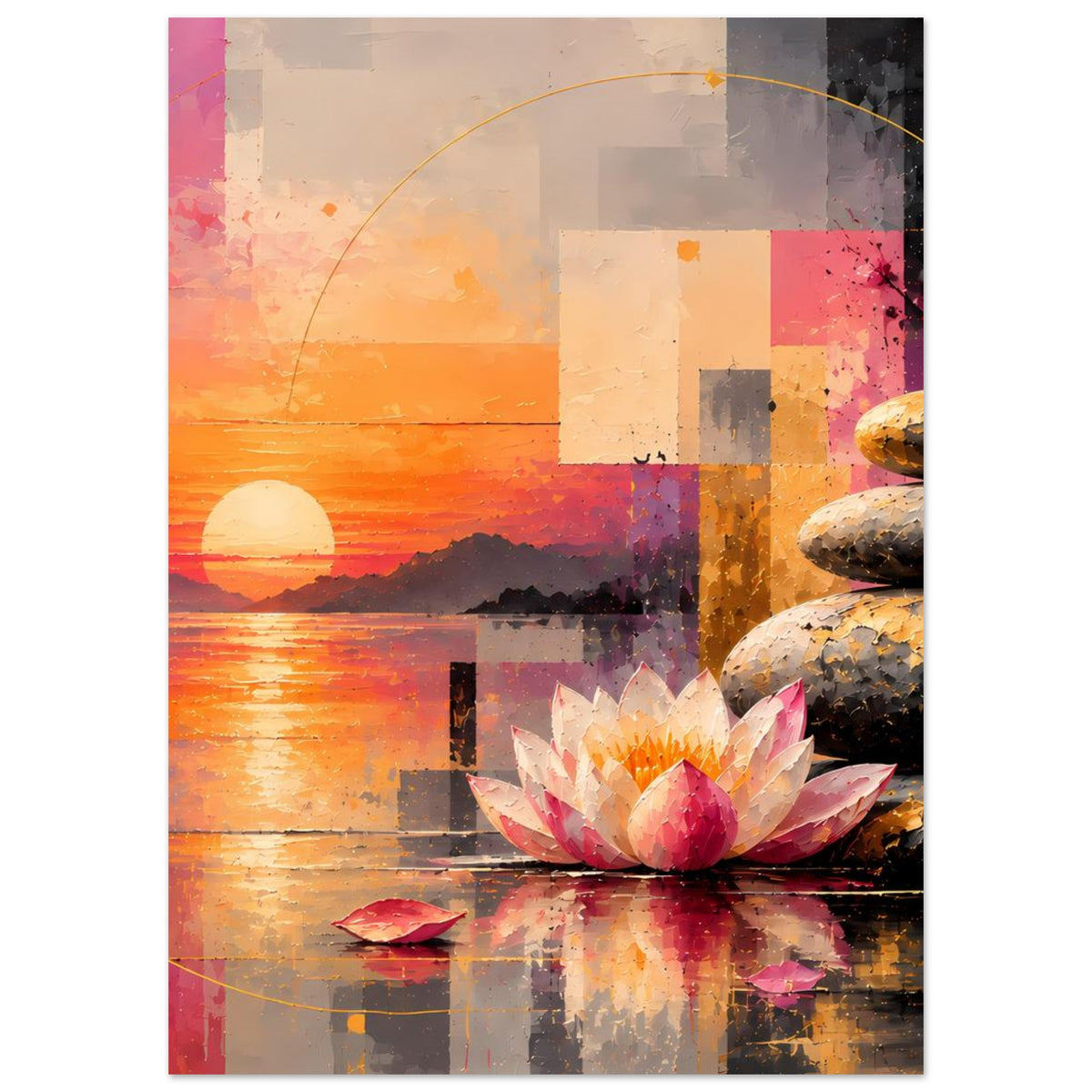 Vertikales Poster: Lotusblüte unten, Zen-Steine rechts, orange-sunset Landschaft mit Wasserreflexion