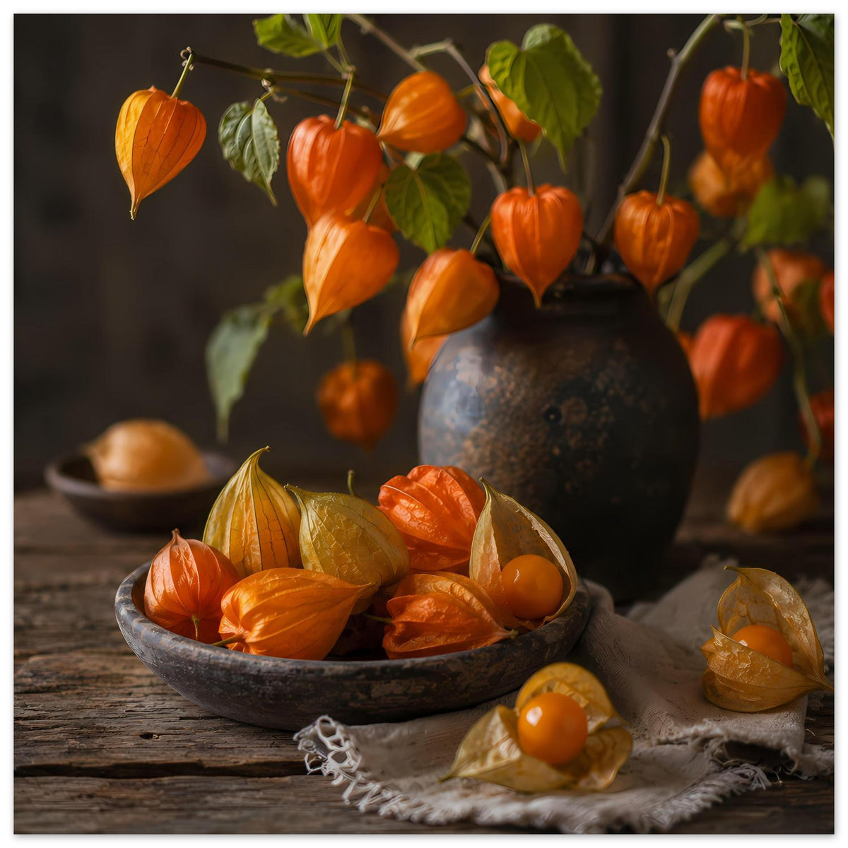 Herbstliches Poster: orange Lampionblumen vor dunkler Vase und Schale mit Früchten