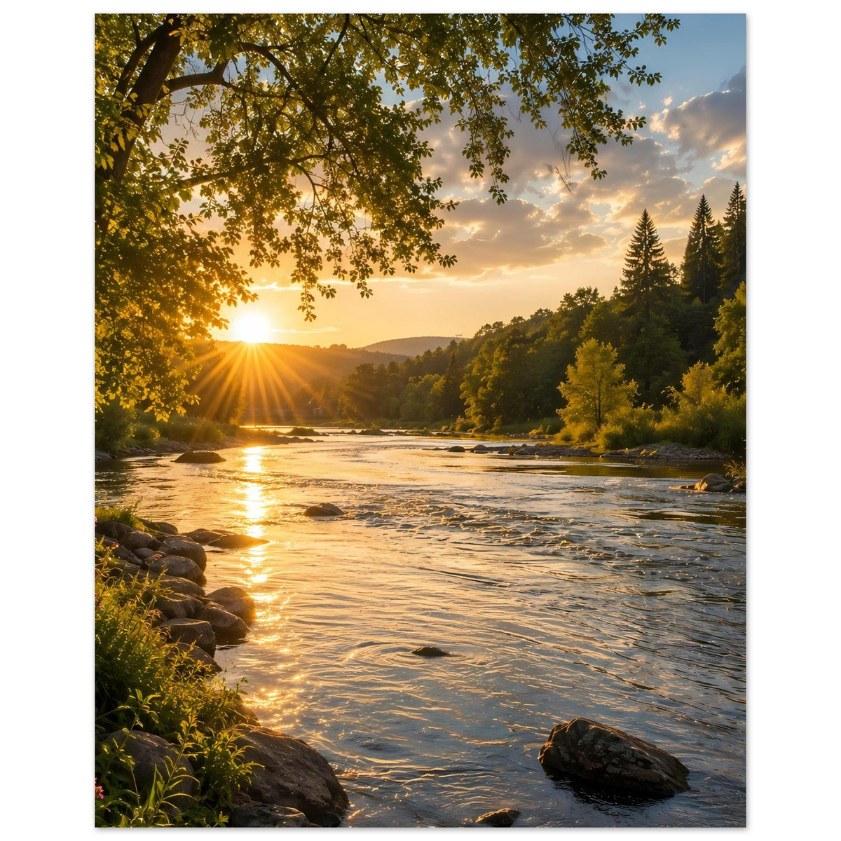 Landschaftsposter: Fluss bei Sonnenaufgang, Baumzweige vorn, Felsen am Ufer, vertikal.