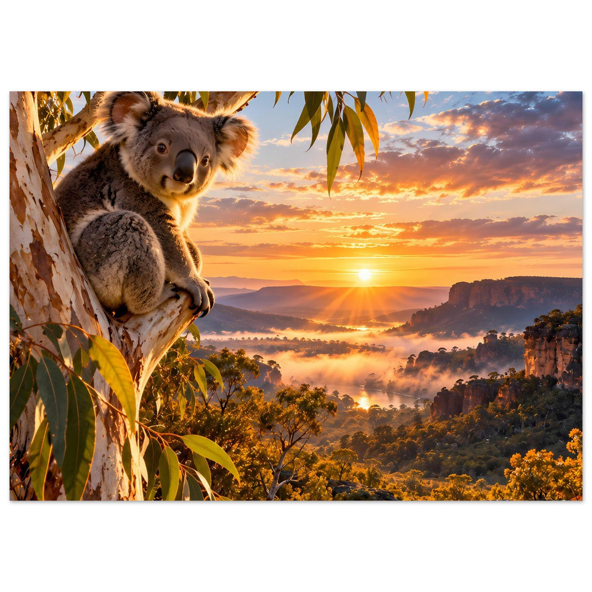 Koala-Fotomotiv-Poster im Querformat, Koala auf einem Ast vor orangefarbenem Sonnenaufgang
