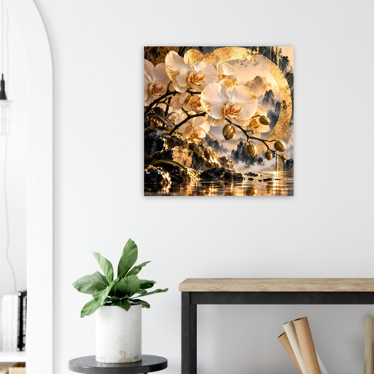 Wandposter mit goldumrandeten Orchideenblüten, dunklen Wolken und spiegelndem Wasser