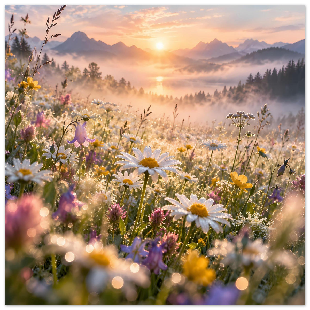 Hochformat-Poster mit Wiesenblumen und Gänseblümchen im warmen Sonnenlicht bei Nebel