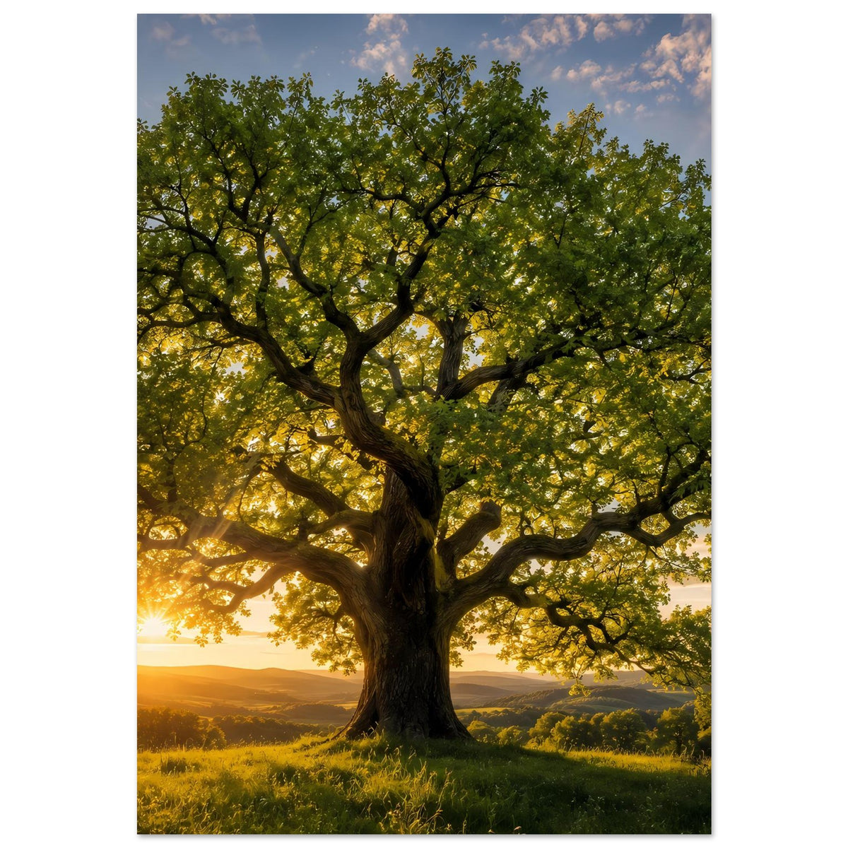 Baum-Poster: mächtiger Stamm mit ausgebreiteter Krone, goldene Abendsonne