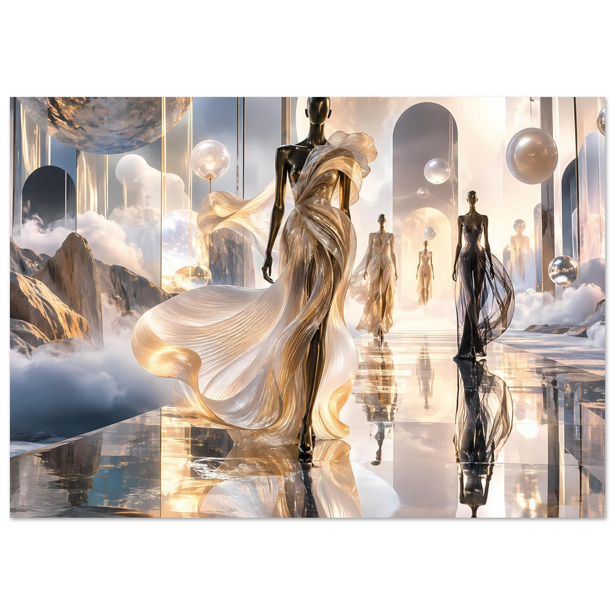 Fashion-Runway-Poster: zentrale ätherische Goldfigur mit fließendem Kleid und Spiegelgang