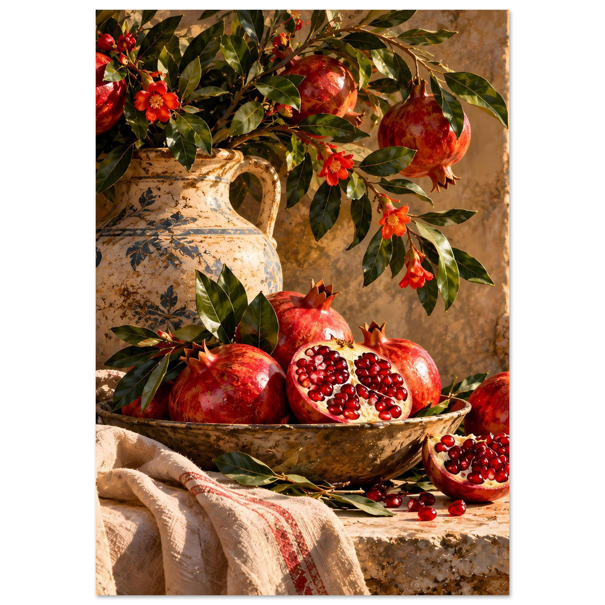Poster mit Stillleben: Granatäpfel in Keramikschale, Vase und rote Blüten, Mattpapier