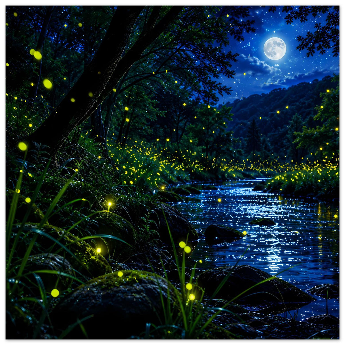 Wandposter im Hochformat: Mondschein über Waldfluss mit leuchtenden Glühwürmchen im Dunkelgrün